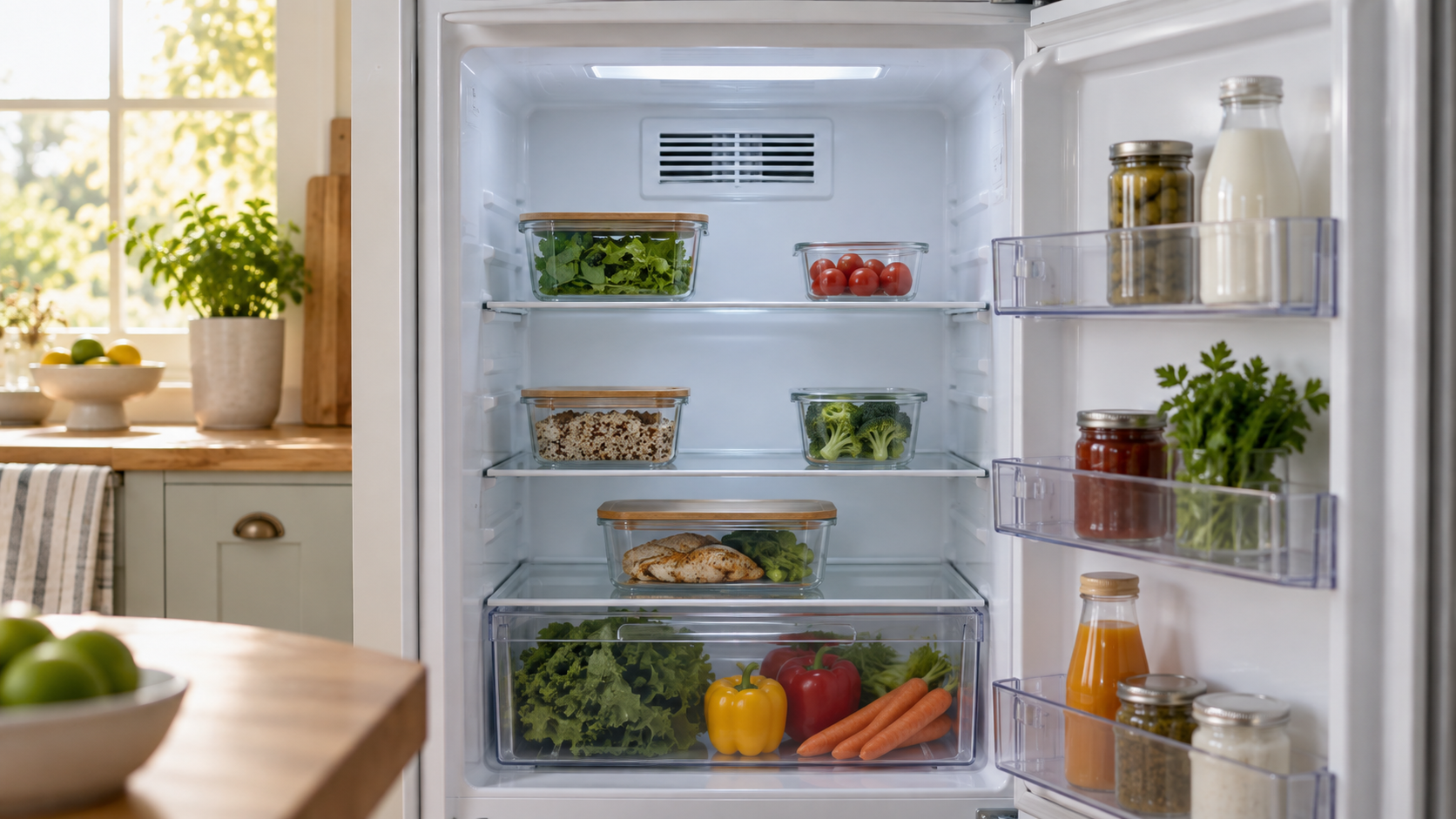 Frigorifero aperto con ripiani ordinati e griglia di ventilazione posteriore visibile in una cucina luminosa