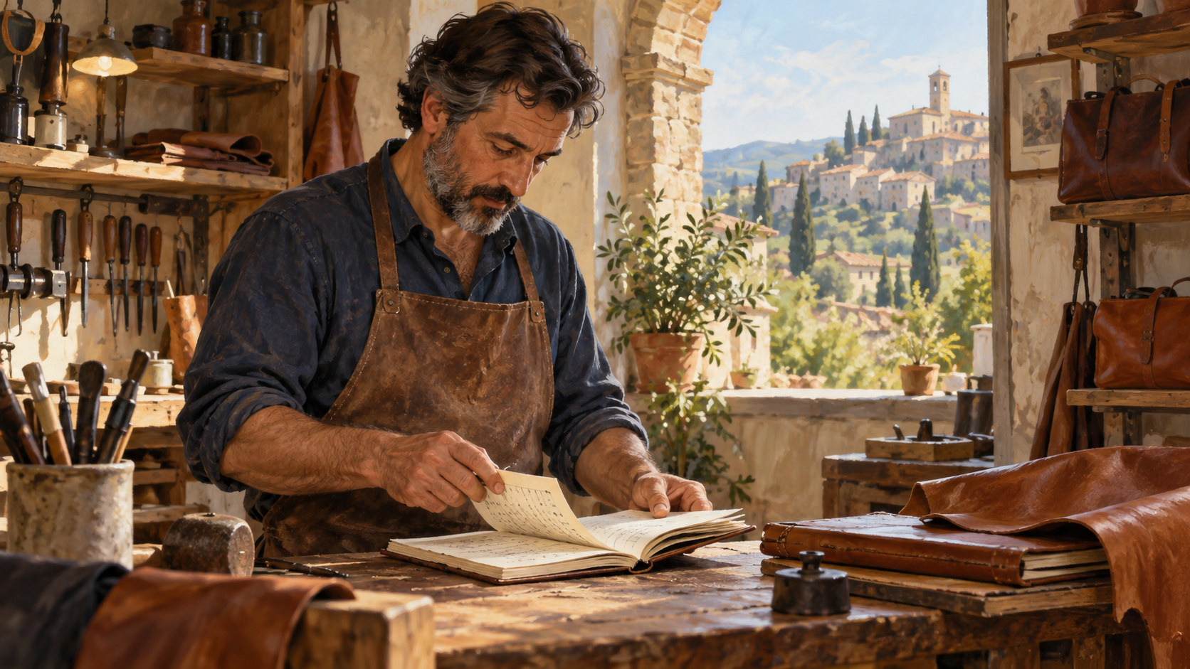 Artigiano che consulta un quaderno contabile e un tablet nella propria bottega