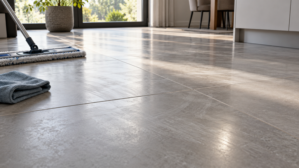 Aloni e striature su un pavimento in gres porcellanato grigio illuminato dalla finestra, con mop e panno in microfibra