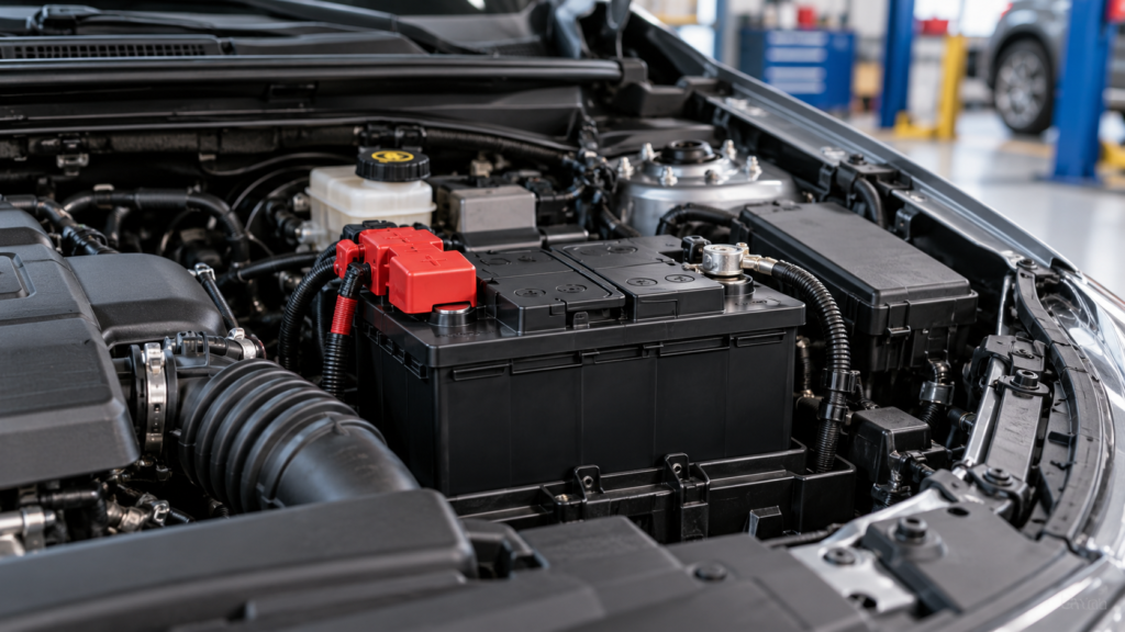 Batteria nuova installata nel vano motore di un’auto, con copertura rossa sul polo positivo e officina sullo sfondo