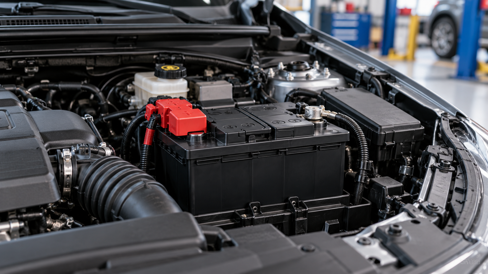 Batteria nuova installata nel vano motore di un’auto, con copertura rossa sul polo positivo e officina sullo sfondo